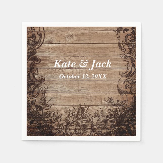 Vintage Engraved Wood Wedding Napkin (Front)