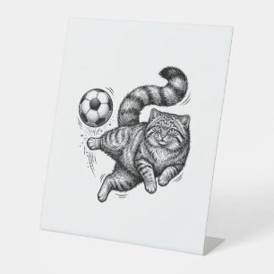 Vintage Engraving Cat Soccer Kick Shirt Design (4) Pedestal Sign