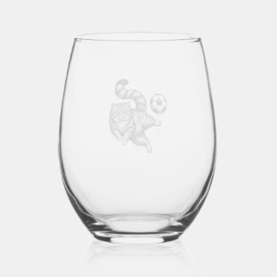 Vintage Engraving Cat Soccer Kick Shirt Design (4) Stemless Wine Glass