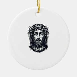 Vintage Engraving Crown of Thorns Sacred Portrait  Ceramic Tree Decoration