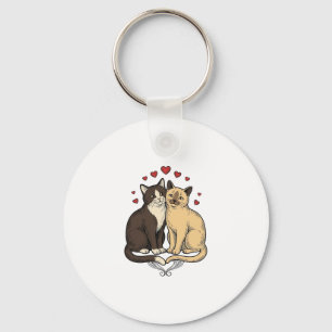 Vintage Engraving Cute Cat Couple Love Design_1 Key Ring