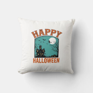 Vintage Engraving Happy Halloween Haunted House De Cushion
