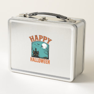 Vintage Engraving Happy Halloween Haunted House De Metal Lunch Box