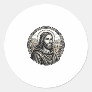 Vintage Engraving Religious Portrait Shirt Classic Round Sticker