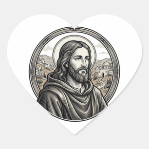 Vintage Engraving Religious Portrait Shirt Heart Sticker