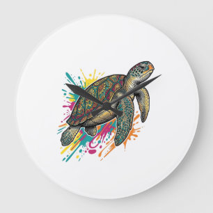 Vintage Engraving Sea Turtle Color Splash Shirt_1 Large Clock
