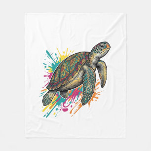 Vintage Engraving Sea Turtle Colour Splash Shirt_1 Fleece Blanket