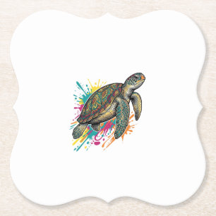 Vintage Engraving Sea Turtle Colour Splash Shirt_1 Paper Coaster