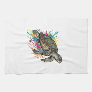 Vintage Engraving Sea Turtle Colour Splash Shirt_1 Tea Towel