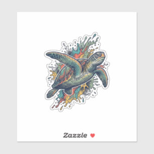 Vintage Engraving Sea Turtle Splash Vector Design_