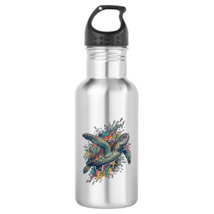 Vintage Engraving Sea Turtle Splash Vector Design_ 532 Ml Water Bottle