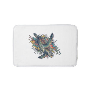Vintage Engraving Sea Turtle Splash Vector Design_ Bath Mat