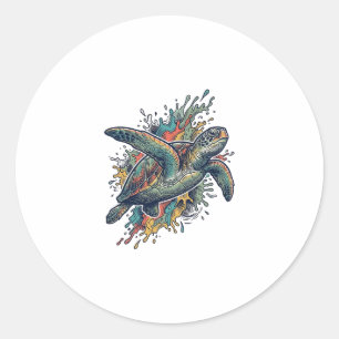 Vintage Engraving Sea Turtle Splash Vector Design_ Classic Round Sticker
