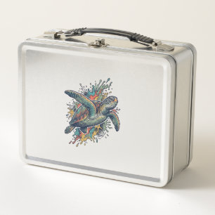 Vintage Engraving Sea Turtle Splash Vector Design_ Metal Lunch Box