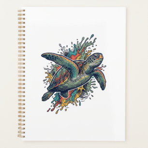 Vintage Engraving Sea Turtle Splash Vector Design_ Planner