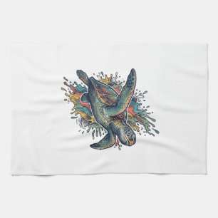 Vintage Engraving Sea Turtle Splash Vector Design_ Tea Towel