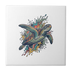 Vintage Engraving Sea Turtle Splash Vector Design_ Tile