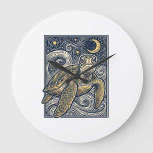 Vintage Engraving Sea Turtle Starry Night Large Clock