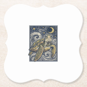 Vintage Engraving Sea Turtle Starry Night Paper Coaster