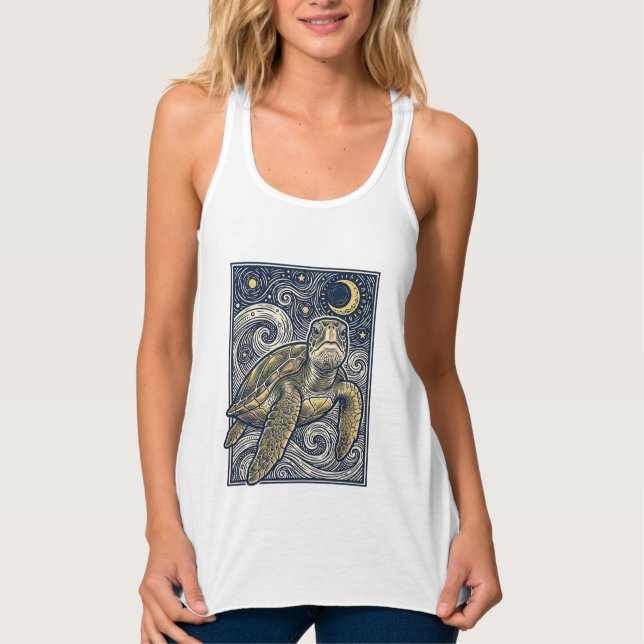 Vintage Engraving Sea Turtle Starry Night Singlet (Front)
