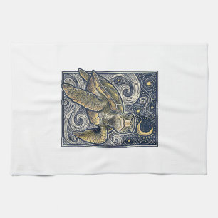 Vintage Engraving Sea Turtle Starry Night Tea Towel