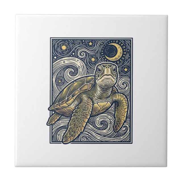 Vintage Engraving Sea Turtle Starry Night Tile (Front)