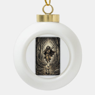 Vintage Engraving Shepherd and Lamb Forest Ceramic Ball Christmas Ornament