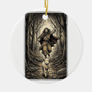 Vintage Engraving Shepherd and Lamb Forest Ceramic Tree Decoration