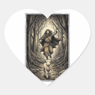 Vintage Engraving Shepherd and Lamb Forest Heart Sticker