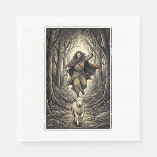 Vintage Engraving Shepherd and Lamb Forest Napkin