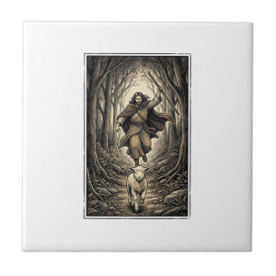 Vintage Engraving Shepherd and Lamb Forest Tile