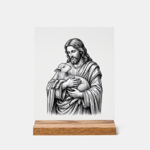 Vintage Engraving Shepherd Holding Lamb Vector Des Acrylic Sign
