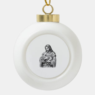 Vintage Engraving Shepherd Holding Lamb Vector Des Ceramic Ball Christmas Ornament
