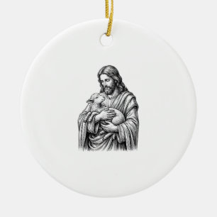 Vintage Engraving Shepherd Holding Lamb Vector Des Ceramic Tree Decoration