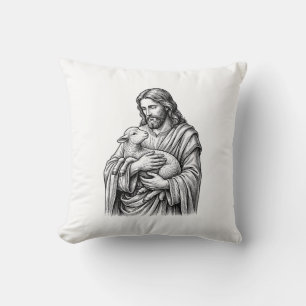 Vintage Engraving Shepherd Holding Lamb Vector Des Cushion