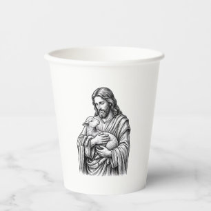 Vintage Engraving Shepherd Holding Lamb Vector Des Paper Cups