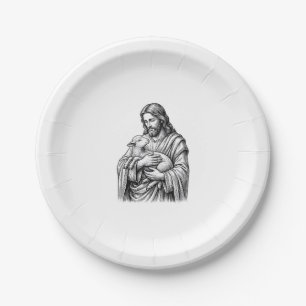 Vintage Engraving Shepherd Holding Lamb Vector Des Paper Plate