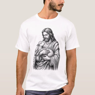 Vintage Engraving Shepherd Holding Lamb Vector Des T-Shirt