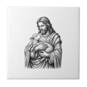 Vintage Engraving Shepherd Holding Lamb Vector Des Tile
