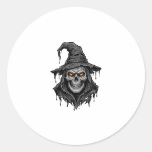 Vintage Engraving Skull Witch Hat Halloween Shirt_ Classic Round Sticker