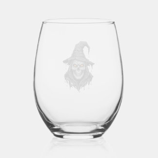 Vintage Engraving Skull Witch Hat Halloween Shirt_ Stemless Wine Glass