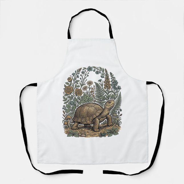 Vintage Engraving Turtle Botanical Garden Apron (Front)