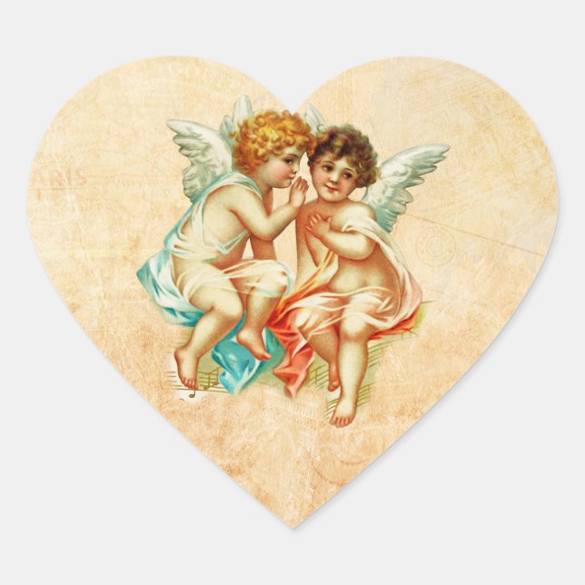 Vintage Ephemera Angel Cherubs Illustration Heart Sticker (Front)