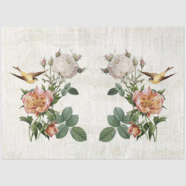 Vintage Ephemera Botanical Birds Flowers Decoupage Tissue Paper (Front)