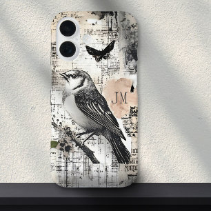 Vintage Ephemera Collage Bird Scrapbook Monogram iPhone 16 Case
