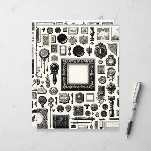 Vintage Ephemera Line Art Cut and Collage Paper (Front/Back In Situ)