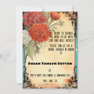 Vintage Ephemera Red Carnations Bridal Shower Invitation