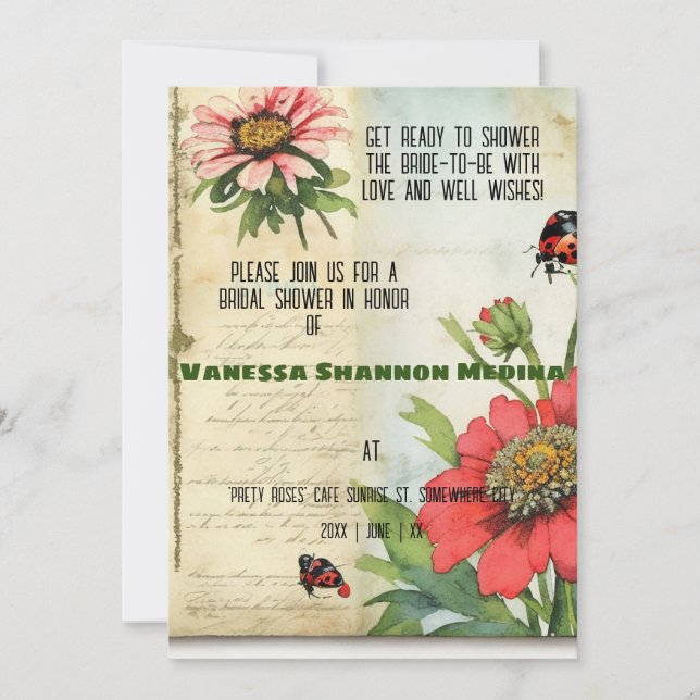 Vintage Ephemera Red Zinnias Bridal Shower Invitation (Front)