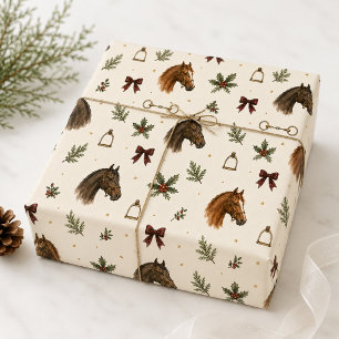Vintage Equestrian Christmas Horse Snaffle Holly Wrapping Paper