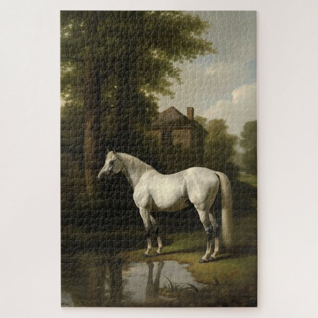 Vintage Equestrian White Horse Painting Jigsaw Puzzle (Vertical)